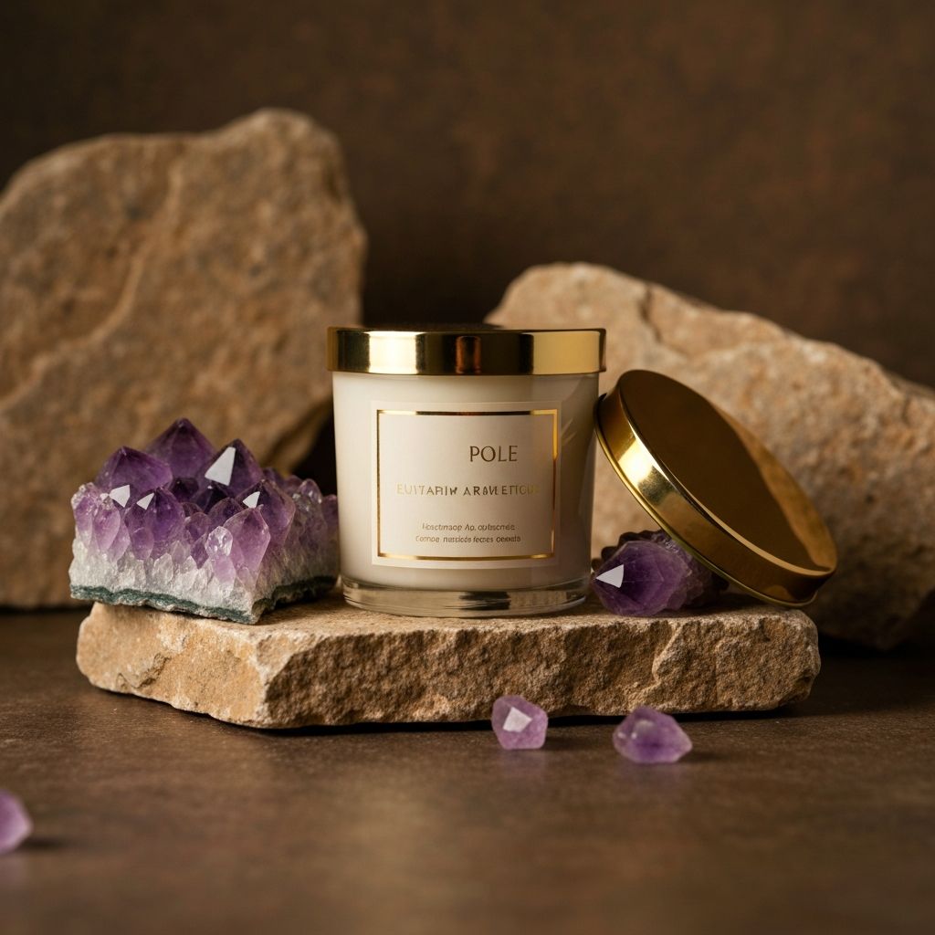 Luxury aromatic candle surrounded by amethyst crystals on natural stone