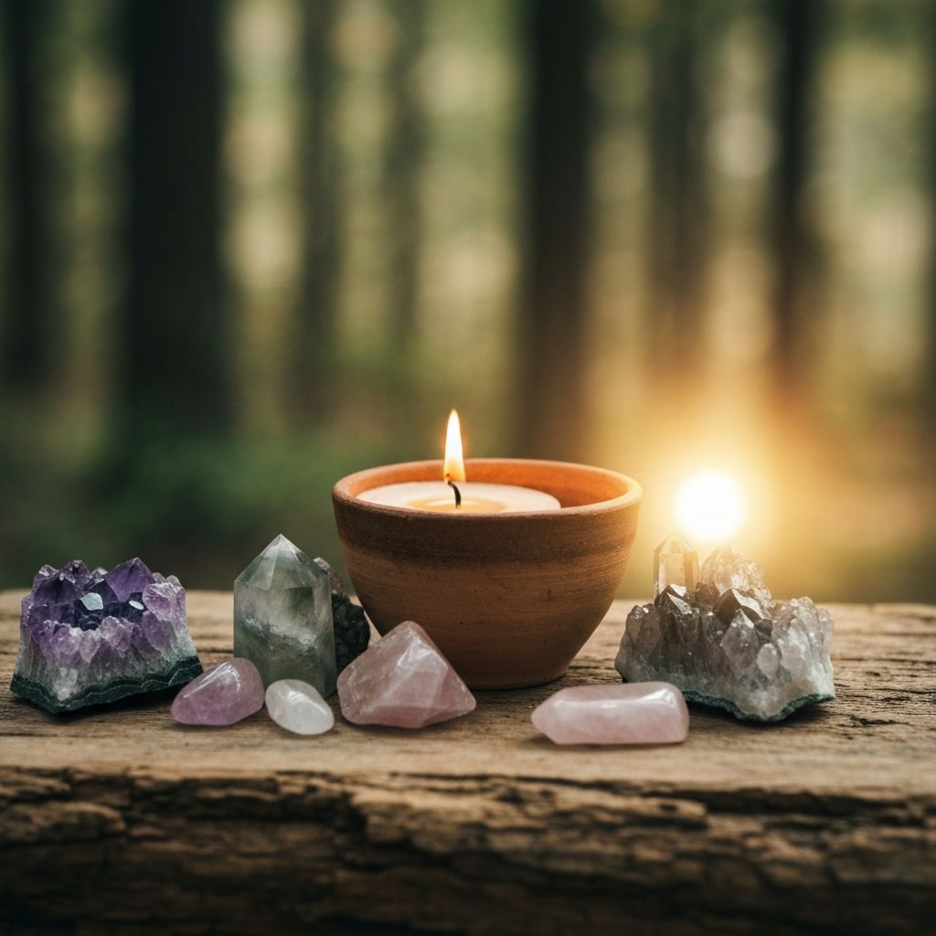 Candle and crystals creating a calm ritual atmosphere