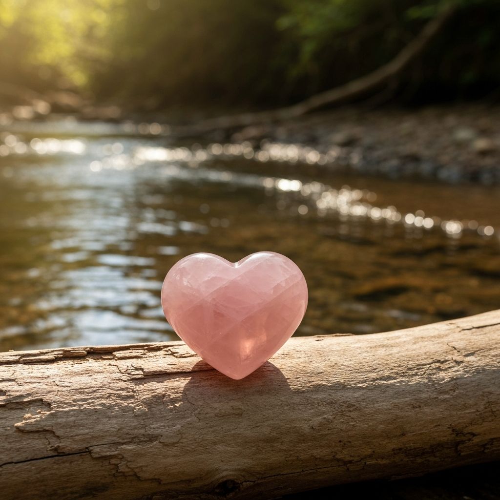 Rose quartz heart on natural wood by a stream