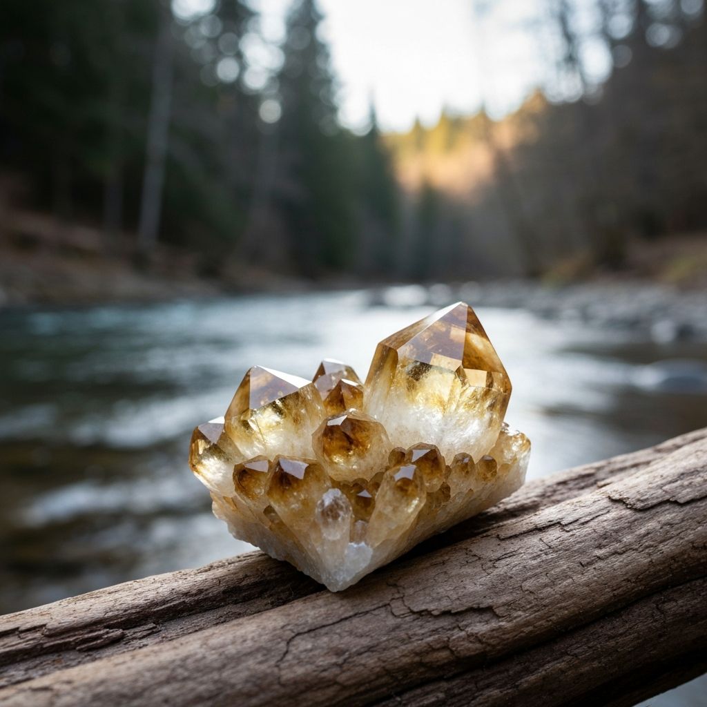 Citrine crystal cluster on driftwood