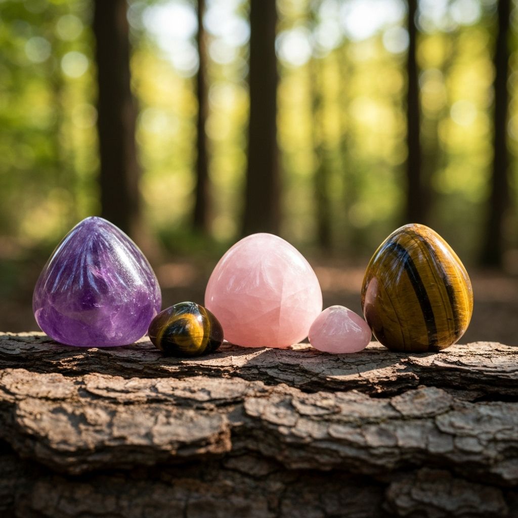 Collection of polished gemstones on bark