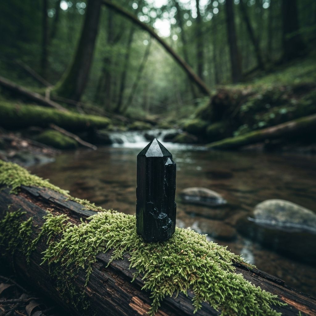 Black tourmaline on moss-covered wood