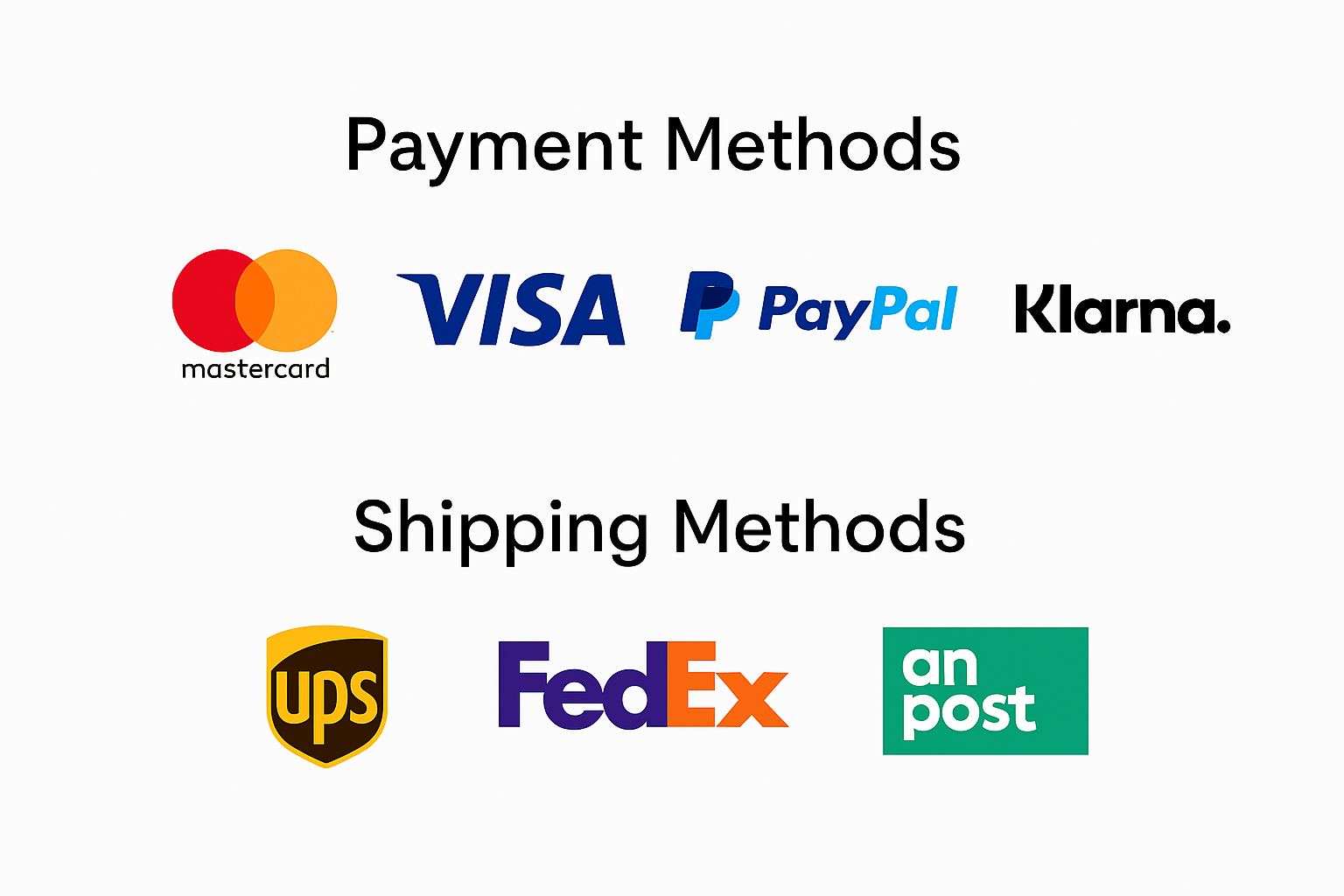 Secure payments and shipping methods: Visa, Mastercard, PayPal, Klarna, An Post, FedEx, UPS