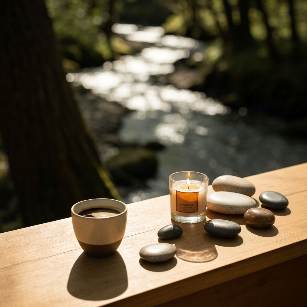 Morning ritual with coffee and crystals on natural wood outdoors